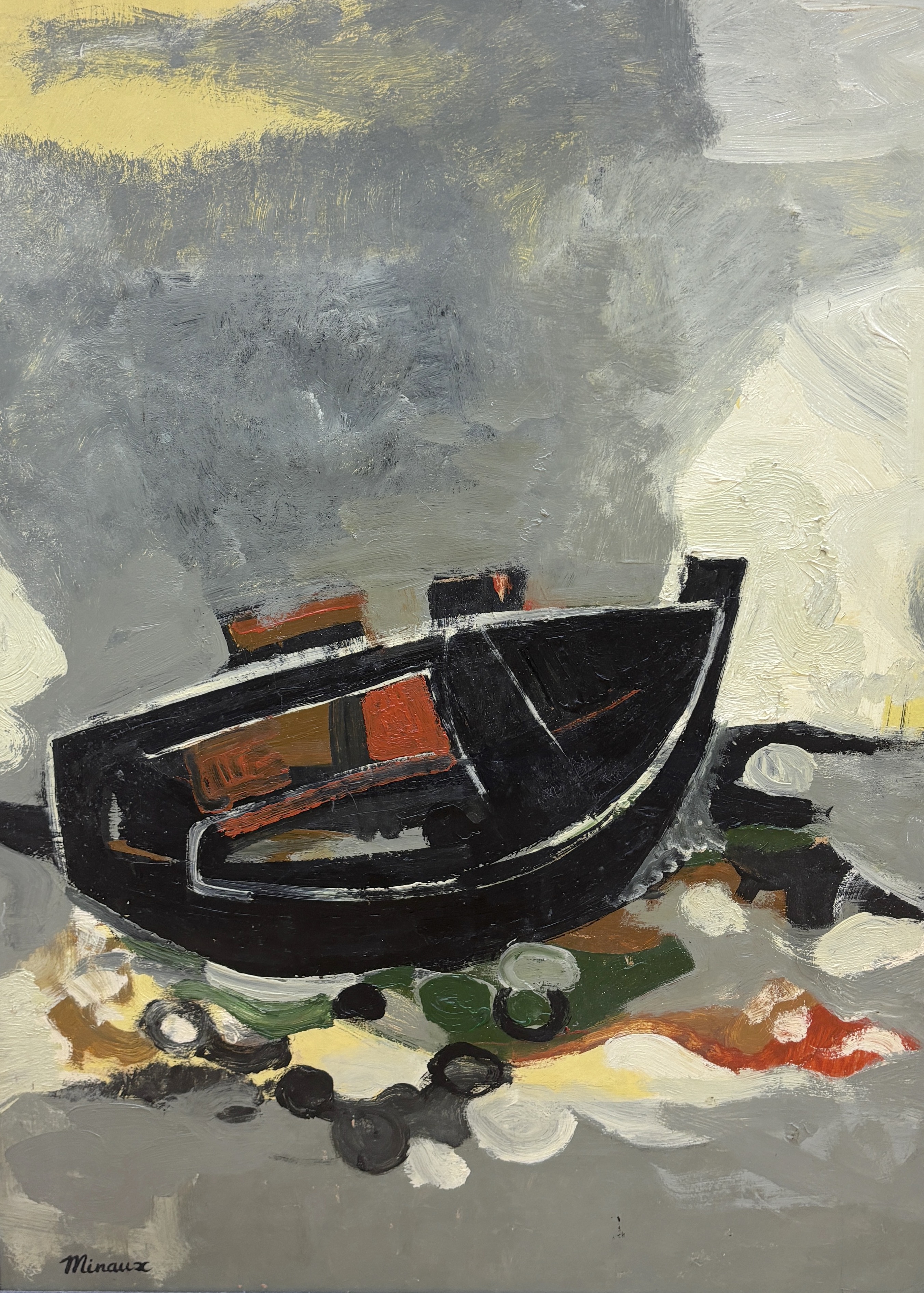 Andre Minaux (French, 1923-1986), oil on canvas, Beached fishing boat, signed, 75 x 55cm